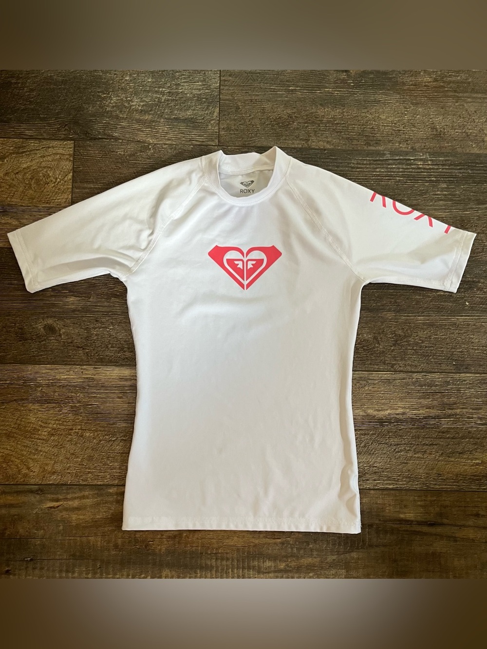 Roxy Whole Hearted Rashguard Mock Neck White Pink Logo Short Sleeve UPF 50+ Size